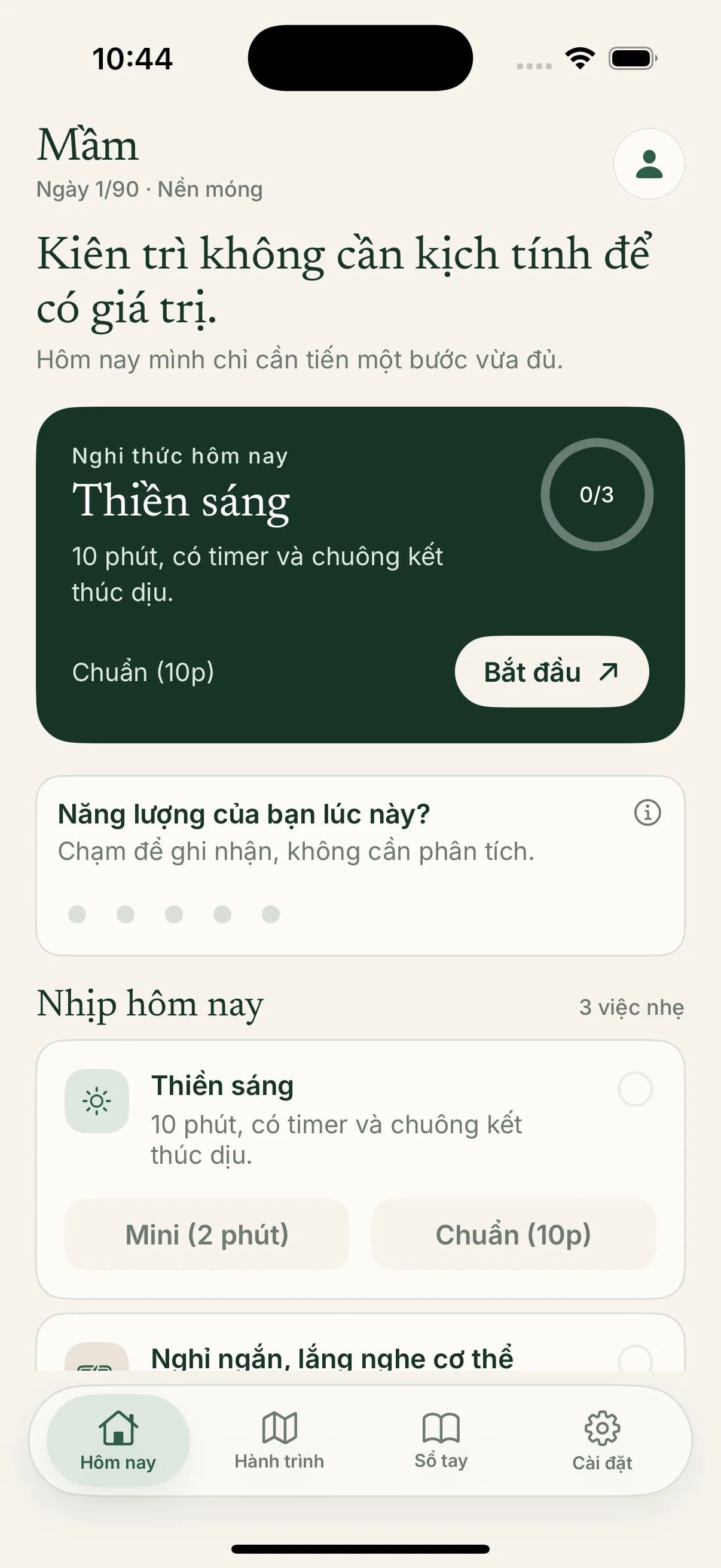 Màn hình Hôm nay của Mầm với nghi thức Thiền sáng và check-in năng lượng